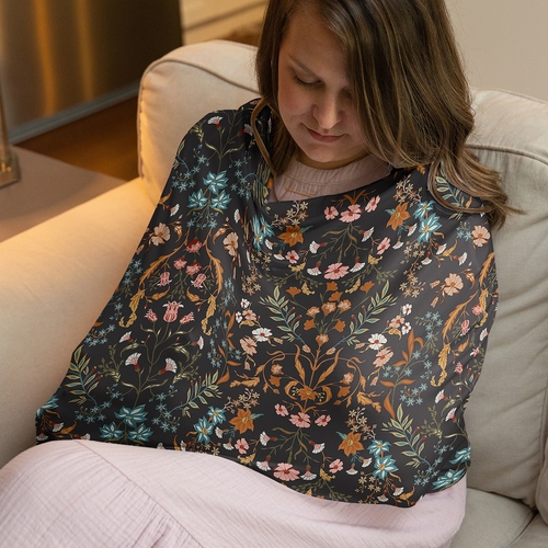 Boho Floral Wildflower Black and Orange Collection Multi Use Baby Car Seat and Nursing Cover - alt image 1