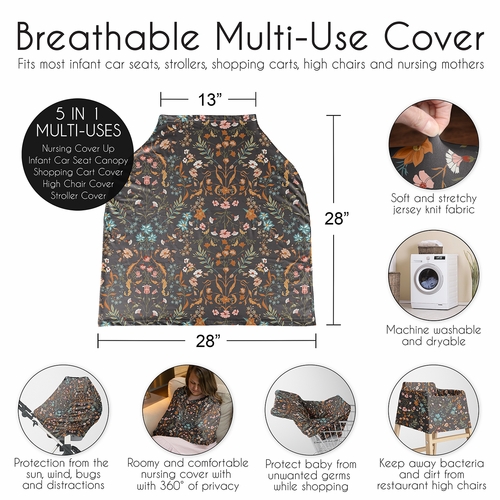 Boho Floral Wildflower Black and Orange Collection Multi Use Baby Car Seat and Nursing Cover - alt image 5