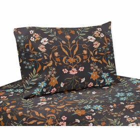 Boho Floral Wildflower Black and Orange Collection Queen Sheet Set