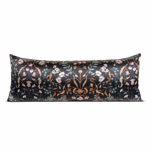 Boho Floral Wildflower Black and Orange Collection Satin Full Length Body Pillow Cover - alt image 1