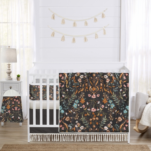 Boho Floral Wildflower Black and Orange Collection Sweet Jojo Designs 6 Piece Crib Bedding + BreathableBaby Breathable Mesh Liner Pad