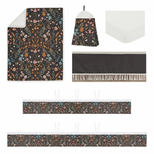 Boho Floral Wildflower Black and Orange Collection Sweet Jojo Designs 6 Piece Crib Bedding + BreathableBaby Breathable Mesh Liner Pad - alt image 1