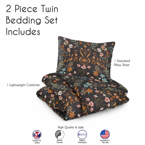 Boho Floral Wildflower Black and Orange Collection Twin Bedding - alt image 4