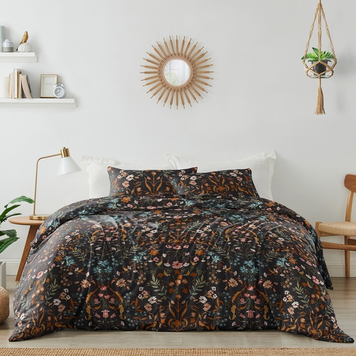 Boho Floral Wildflower Black and Orange Collection Twin Duvet Cover Bedding Set