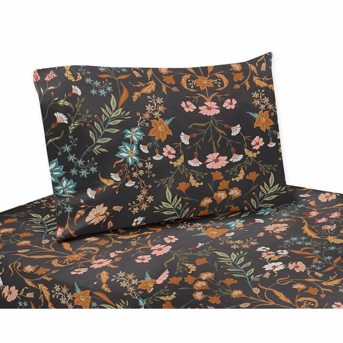 Boho Floral Wildflower Black and Orange Collection Twin Sheet Set