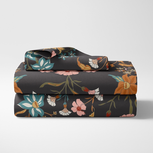 Boho Floral Wildflower Black and Orange Collection Twin Sheet Set - alt image 1
