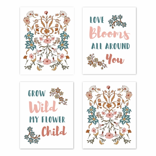 Boho Floral Wildflower Black and Orange Collection Wall Art Prints - Set of 4