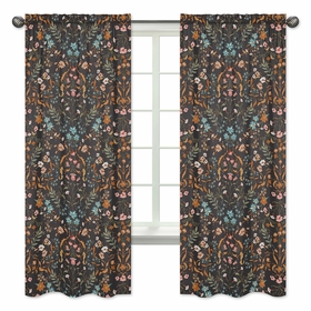 Boho Floral Wildflower Black and Orange Collection Window Panels - Set of 2