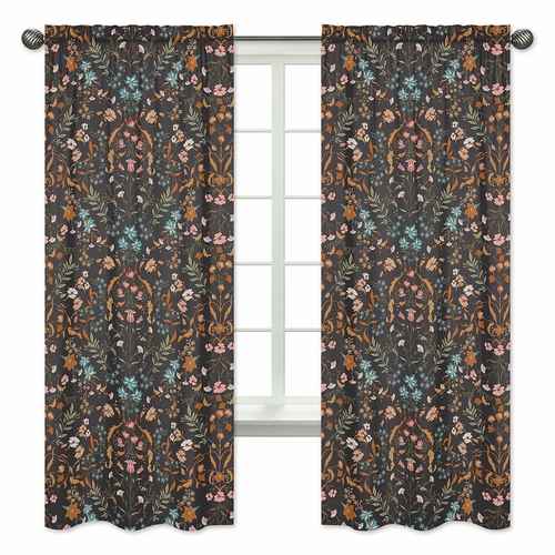 Boho Floral Wildflower Black and Orange Collection Window Panels - Set of 2
