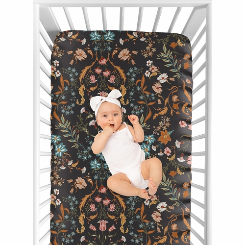 Boho Floral Wildflower Black and Orange Crib Sheet - alt image 3