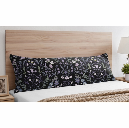 Boho Floral Wildflower Black and Purple Collection Body Pillow Cover Case - alt image 1