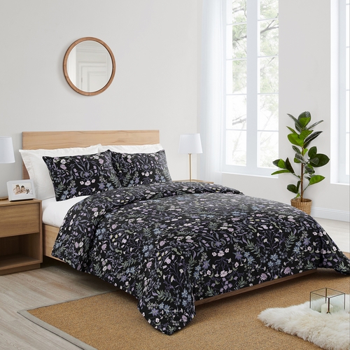 Boho Floral Wildflower Black and Purple Collection King Duvet Cover Bedding Set - alt image 1