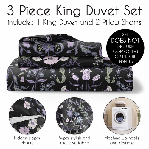 Boho Floral Wildflower Black and Purple Collection King Duvet Cover Bedding Set - alt image 3
