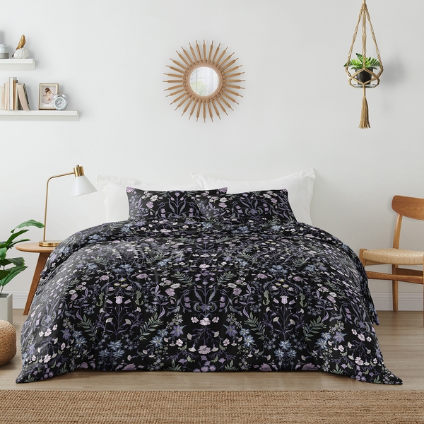 Boho Floral Wildflower Black and Purple Collection Queen Duvet