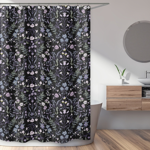 Boho Floral Wildflower Black and Purple Collection Shower Curtain - alt image 1