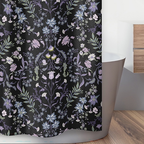 Boho Floral Wildflower Black and Purple Collection Shower Curtain - alt image 2