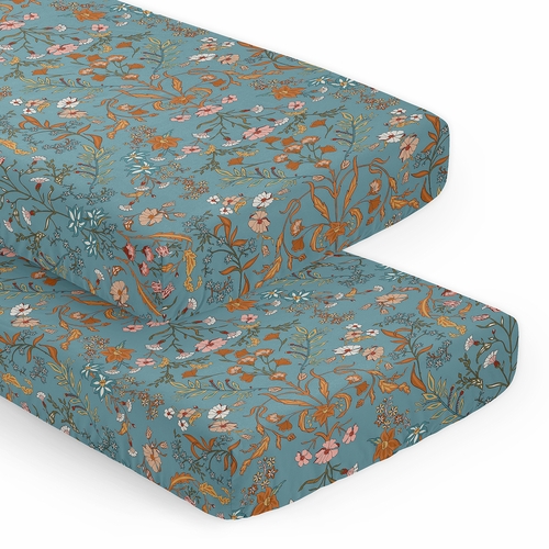 Boho Floral Wildflower Blue and Orange Collection 2 Pack Crib Sheets
