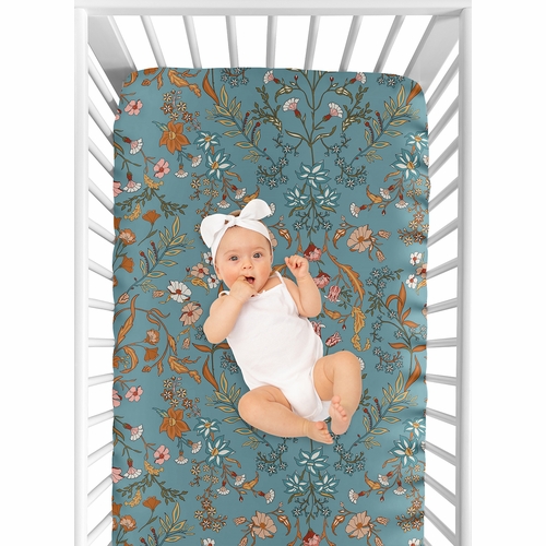 Boho Floral Wildflower Blue and Orange Collection 2 Pack Crib Sheets - alt image 3