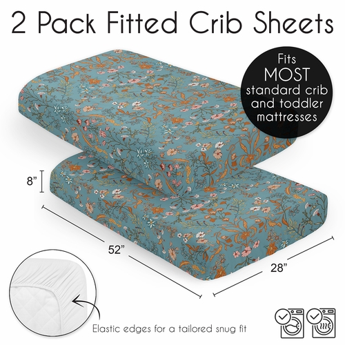 Boho Floral Wildflower Blue and Orange Collection 2 Pack Crib Sheets - alt image 5