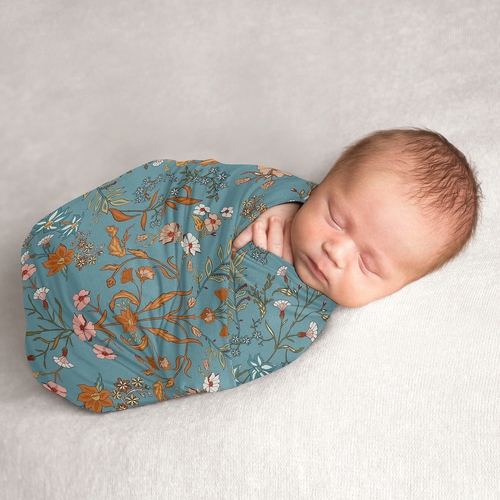 Boho Floral Wildflower Blue and Orange Collection Baby Swaddle Blanket