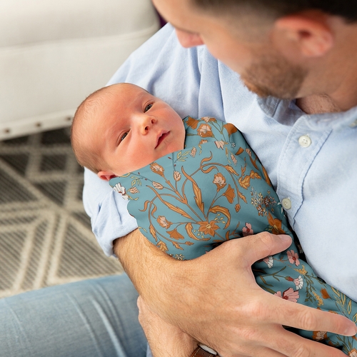 Boho Floral Wildflower Blue and Orange Collection Baby Swaddle Blanket - alt image 2