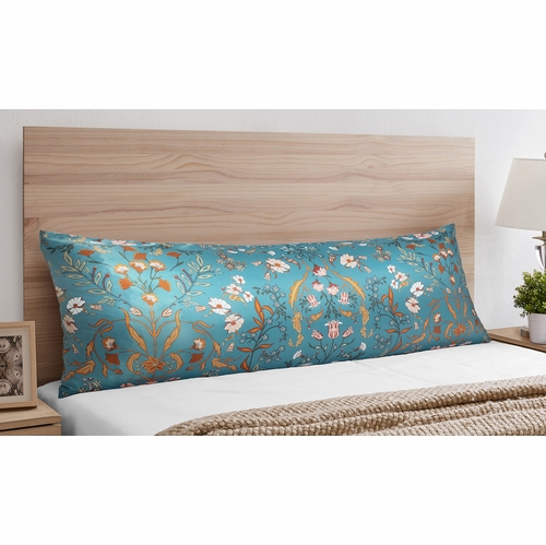 Boho Floral Wildflower Blue and Orange Collection Satin Body Pillow Cover Case - alt image 1