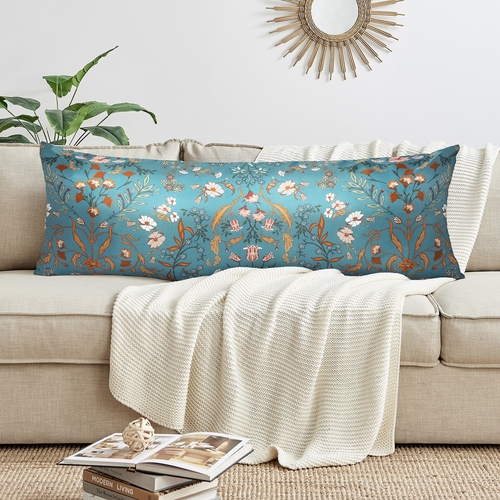 Boho Floral Wildflower Blue and Orange Collection Satin Body Pillow Cover Case - alt image 2