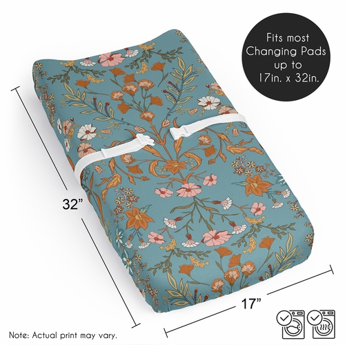 Boho Floral Wildflower Blue and Orange Collection Changing Pad Cover Sheet - alt image 5