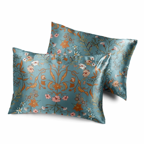 Boho Floral Wildflower Blue and Orange Collection Decorative Satin Pillowcases - 2 Pack Set