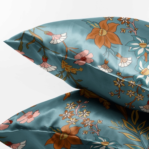 Boho Floral Wildflower Blue and Orange Collection Decorative Satin Pillowcases - 2 Pack Set - alt image 2