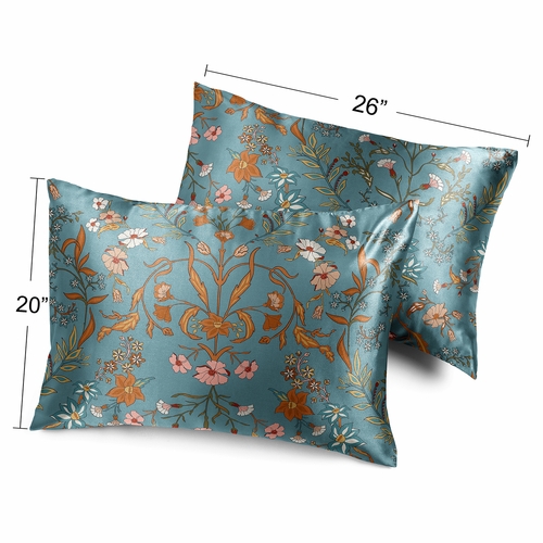 Boho Floral Wildflower Blue and Orange Collection Decorative Satin Pillowcases - 2 Pack Set - alt image 3