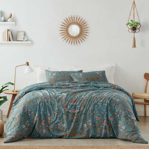 Boho Floral Wildflower Blue and Orange Collection King Duvet Cover Bedding Set