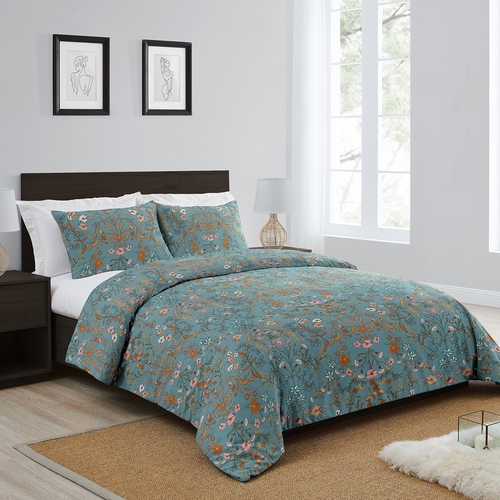 Boho Floral Wildflower Blue and Orange Collection King Duvet Cover Bedding Set - alt image 1