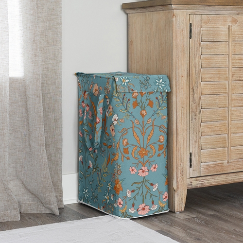 Boho Floral Wildflower Blue and Orange Collection Laundry Hamper with Handles - alt image 1