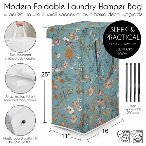 Boho Floral Wildflower Blue and Orange Collection Laundry Hamper with Handles - alt image 4