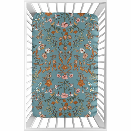 Boho Floral Wildflower Blue and Orange Collection Mini Crib Sheet