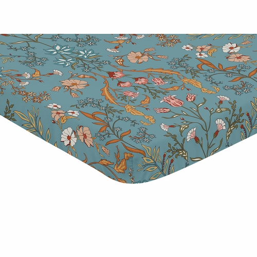 Boho Floral Wildflower Blue and Orange Collection Mini Crib Sheet - alt image 1