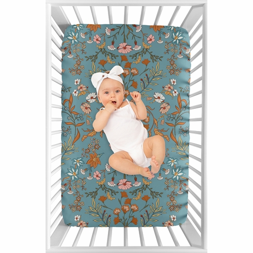 Boho Floral Wildflower Blue and Orange Collection Mini Crib Sheet - alt image 2