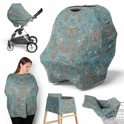 Boho Floral Wildflower Blue and Orange Collection Multi Use Baby Car Seat and Nursing Cover
