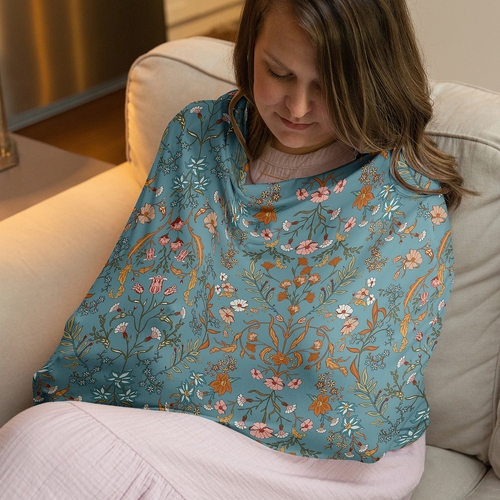 Boho Floral Wildflower Blue and Orange Collection Multi Use Baby Car Seat and Nursing Cover - alt image 1