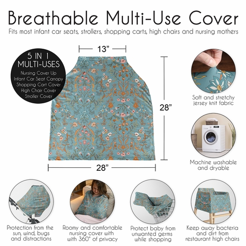 Boho Floral Wildflower Blue and Orange Collection Multi Use Baby Car Seat and Nursing Cover - alt image 5