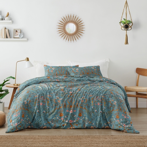 Boho Floral Wildflower Blue and Orange Collection Queen Duvet Cover Bedding Set