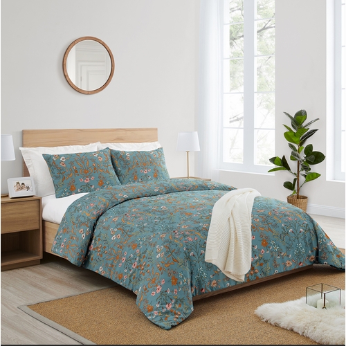 Boho Floral Wildflower Blue and Orange Collection Queen Duvet Cover Bedding Set - alt image 1