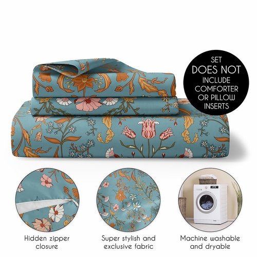 Boho Floral Wildflower Blue and Orange Collection Queen Duvet Cover Bedding Set - alt image 3