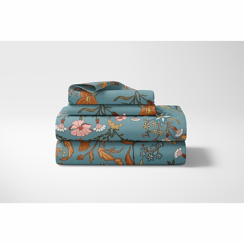 Boho Floral Wildflower Blue and Orange Collection Queen Sheet Set - alt image 1