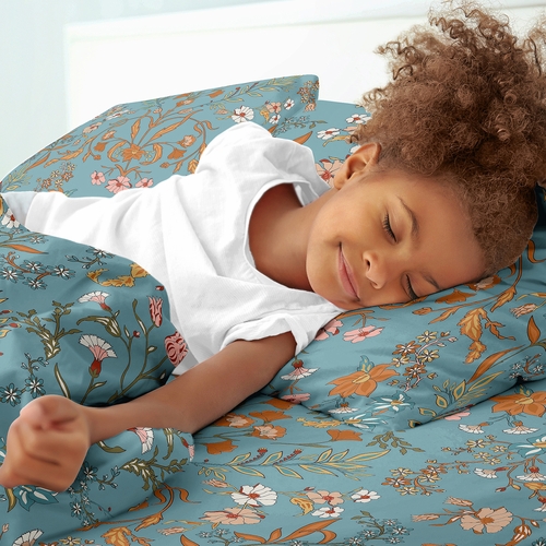 Boho Floral Wildflower Blue and Orange Collection Queen Sheet Set - alt image 2