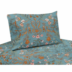 Boho Floral Wildflower Blue and Orange Collection Queen Sheet Set