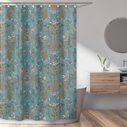 Boho Floral Wildflower Blue and Orange Collection Shower Curtain - alt image 1