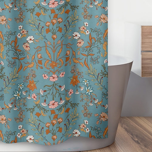 Boho Floral Wildflower Blue and Orange Collection Shower Curtain - alt image 2