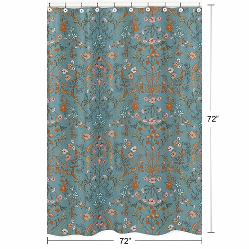 Boho Floral Wildflower Blue and Orange Collection Shower Curtain - alt image 4